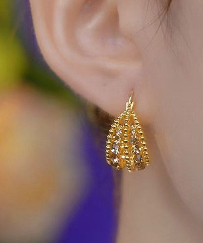 New Gold Copper Overgild Zircon Hollow Out Basket Hoop Earrings
