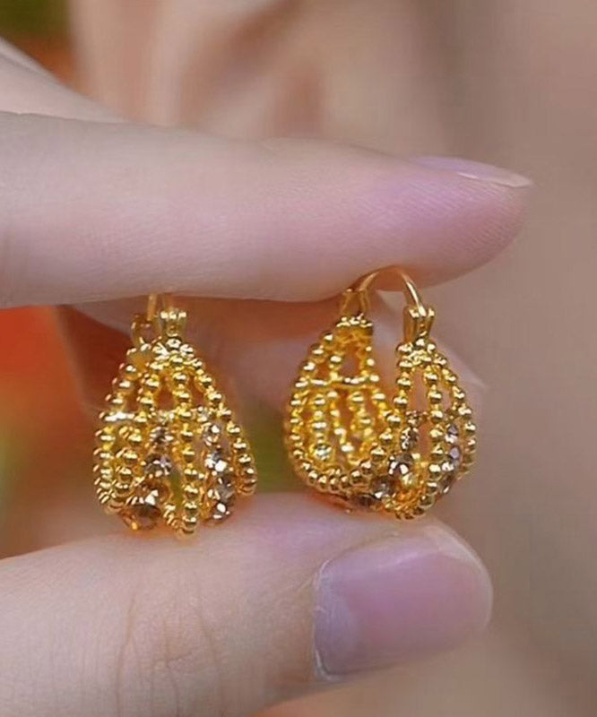 New Gold Copper Overgild Zircon Hollow Out Basket Hoop Earrings