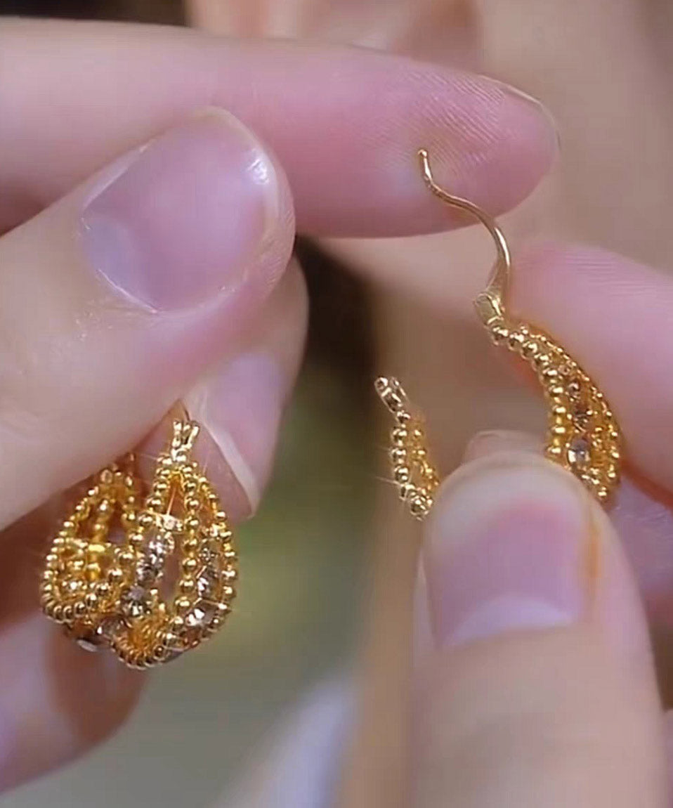 New Gold Copper Overgild Zircon Hollow Out Basket Hoop Earrings