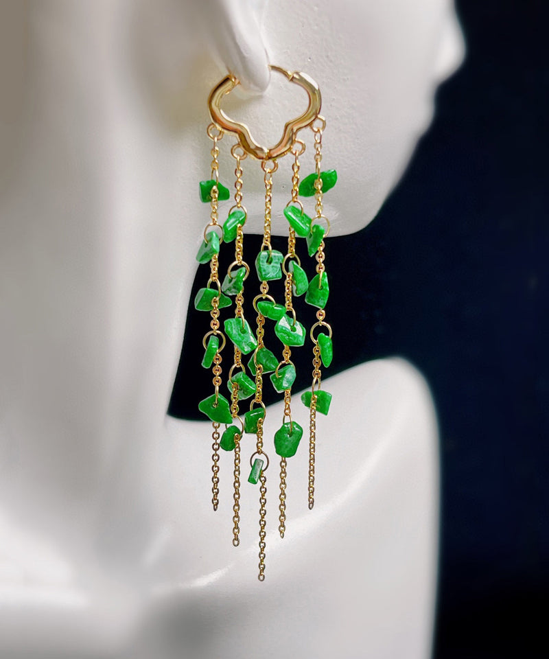 Green Sterling Silver 14k Gold Jade Tassel Drop Earrings