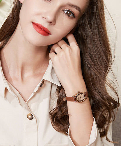 Coffee Leather Alloy Patchwork Tempered Glass Watch