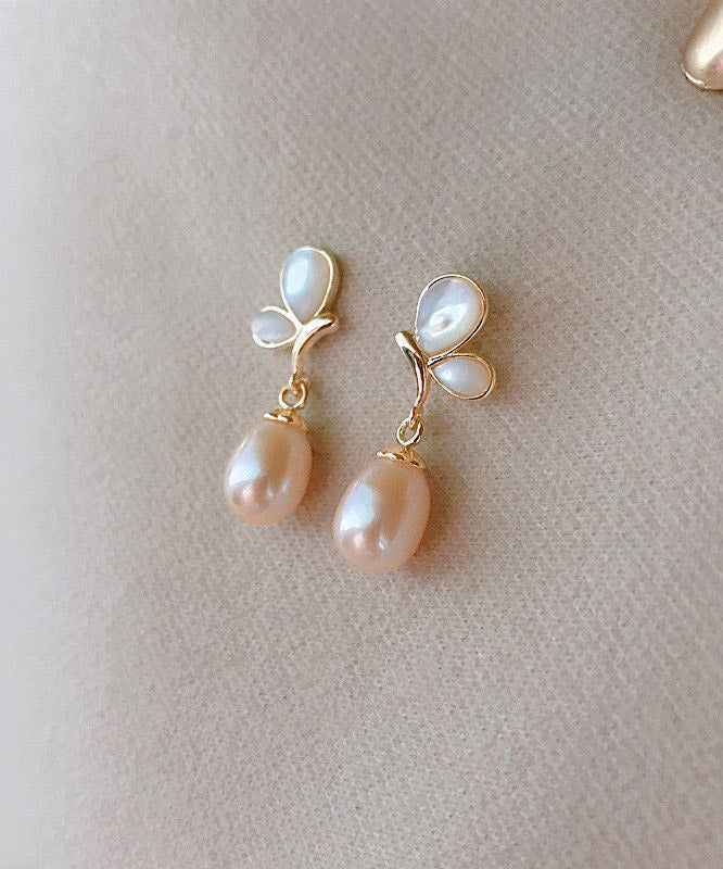 Diy Gold Sterling Silver Overgild Drip Pearl Butterfly Drop Earrings
