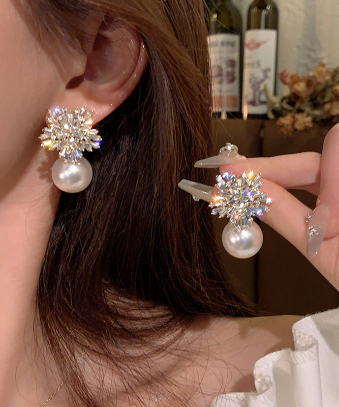 Beige Copper Overgild Zircon Pearl Snowflake Stud Earrings
