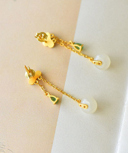 Yellow Overgild Jade Agate Auspicious Clouds Drop Earrings
