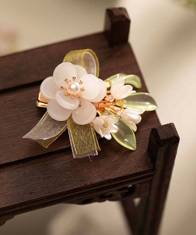 Chinese Style White Alloy Pearl Colored Glaze Chiffon Ribbon Hairpin