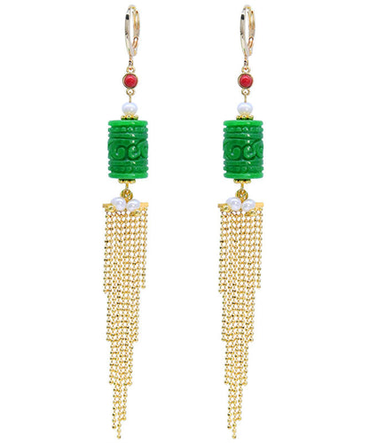 Green 14k Gold Jade Pearl Dry Green Tassel Drop Earrings