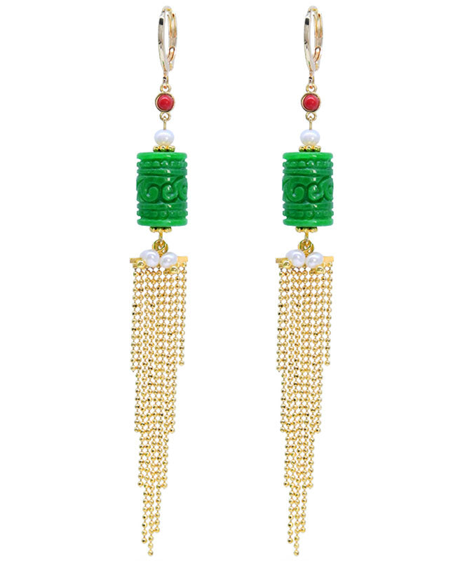 Green 14k Gold Jade Pearl Dry Green Tassel Drop Earrings