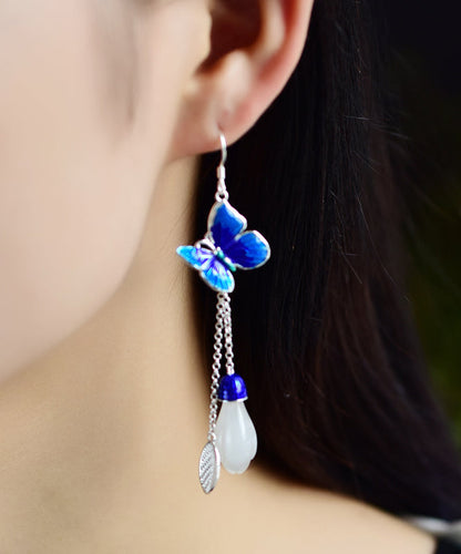 Blue Paitings Silver Gem Stone Drop Earrings
