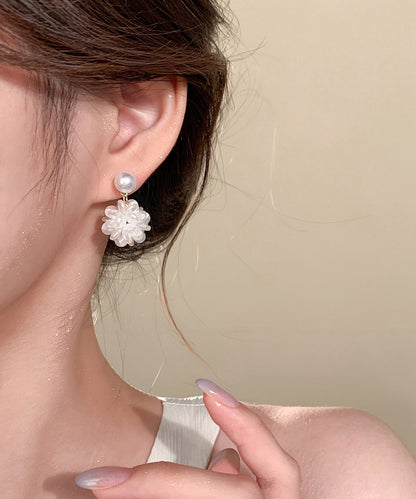 French White Sterling Silver Pearl Resin Hydrangea Stud Earrings