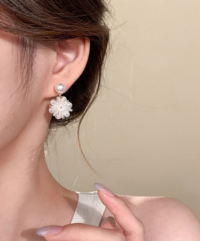 French White Sterling Silver Pearl Resin Hydrangea Stud Earrings
