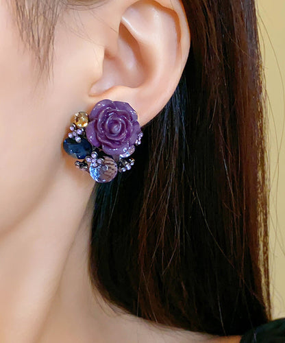 Purple Alloy Zircon Resin Glass Stud Earrings