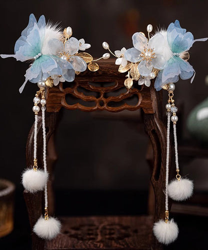 Chinese Style Blue Alloy Zircon Resin Butterfly Beading Tassel a Pair Hairpin