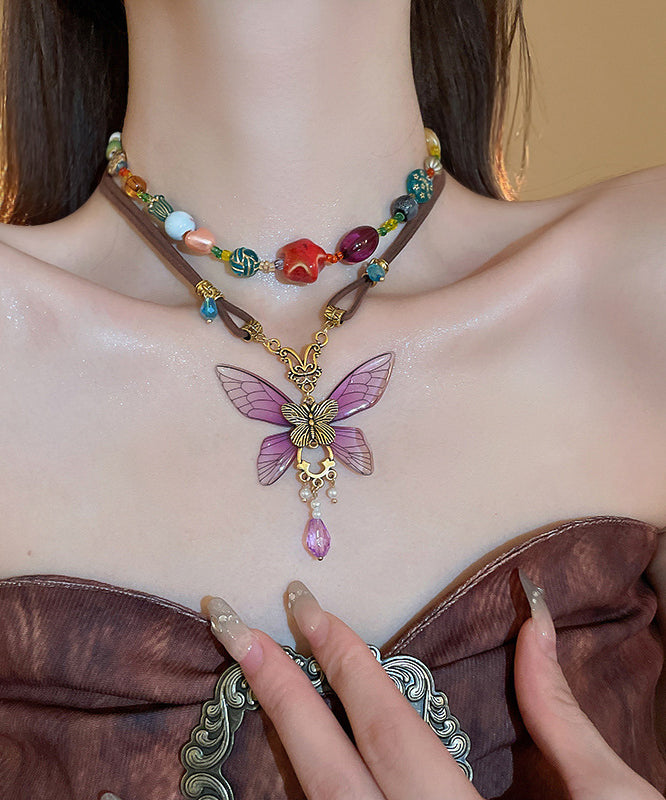 Purple Sterling Silver Alloy Crystal Butterfly Pendant Necklace