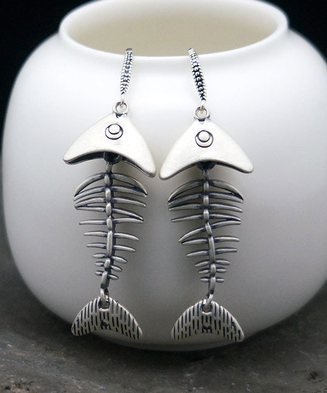 Silk Silver Fish Bone Drop Earrings