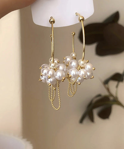 Stylish Gold Metal Overgild Pearl Tassel Hoop Earrings