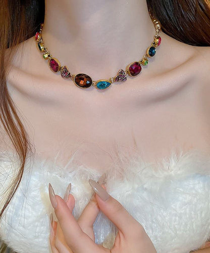 Gold Agate Pearl Zircon Gem Stone Collar Necklace
