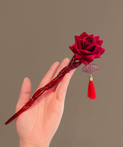 Red Rose Coloured Glaze Tassel Hairpin