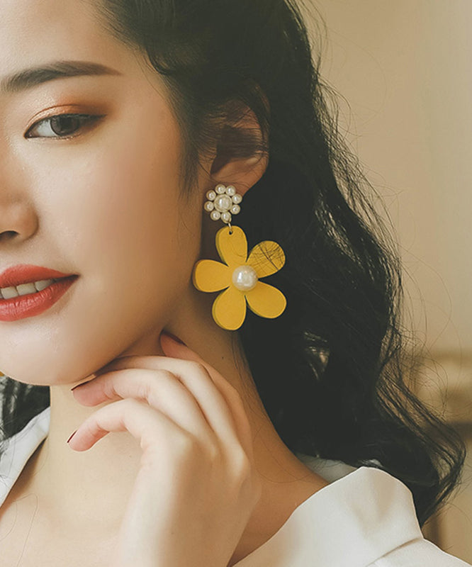 Classy Yellow Daisy Pearl Drop Earrings