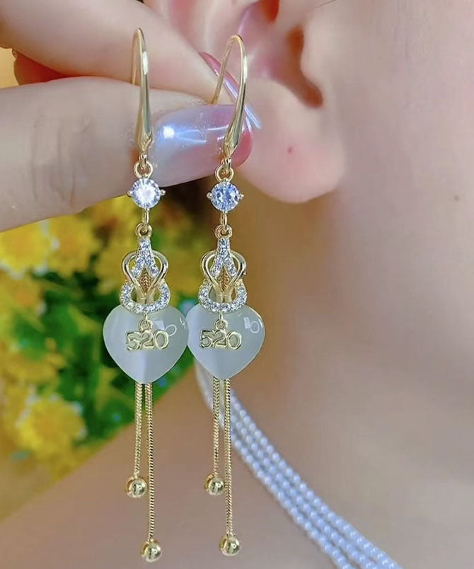 Gold Copper Overgild Inlaid Zircon 520 Love Tassel Drop Earrings