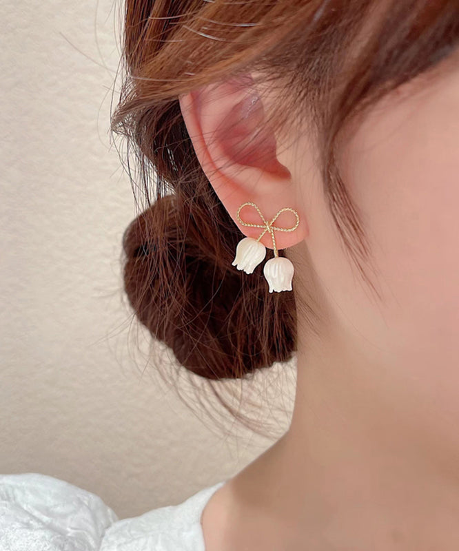 White Sterling Silver Alloy Bow Shell Stud Earrings