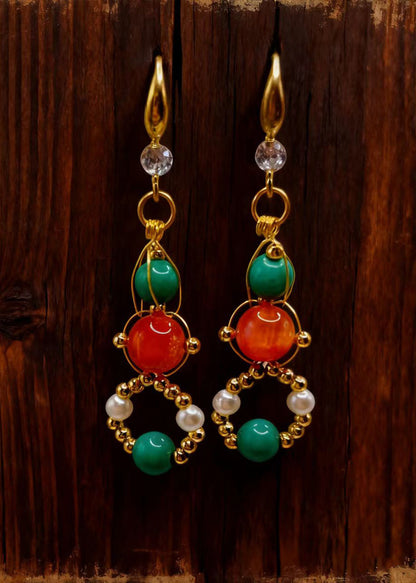 Stylish Orange Crystal and Fine Turquoise Drop Earrings