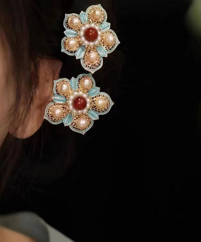 Chinese Style Colorblock Sterling Silver Overgild Pearl Enamel Hairpin