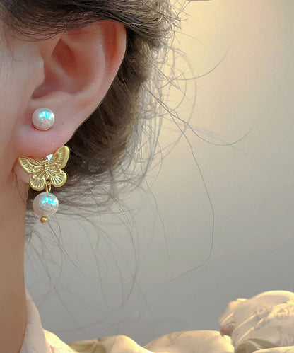 Gold Sterling Silver Overgild Pearl Butterfly Stud Earrings