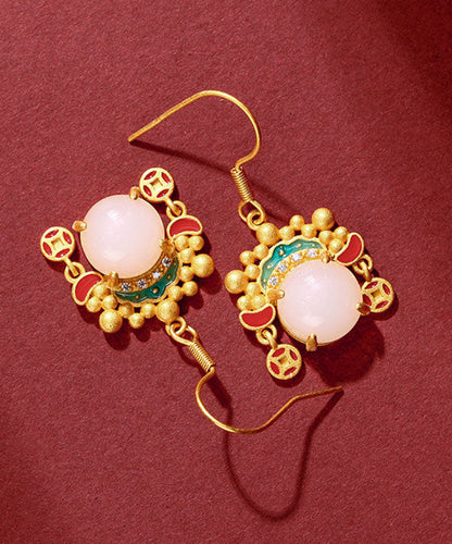 Yellow Ancient Gold Inlaid Zircon Pearl Dao Ma Dan Face Mask Drop Earrings