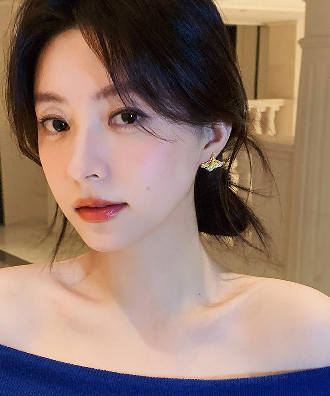 Modern Gold Copper Overgild Zircon Ginkgo Leaf Stud Earrings