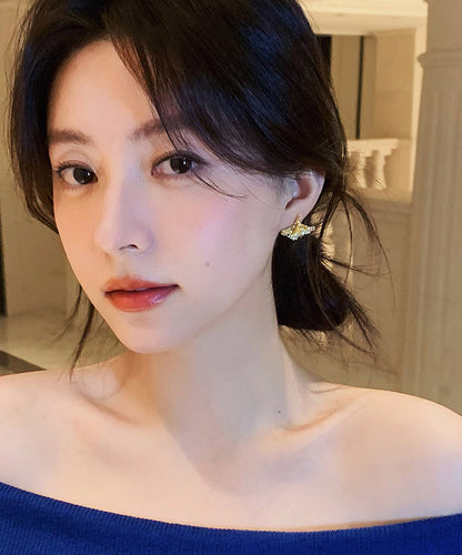 Modern Gold Copper Overgild Zircon Ginkgo Leaf Stud Earrings