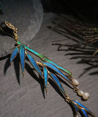 Blue Sterling Silver Overgild Bamboo Leaf Pearl Tassel Brooch