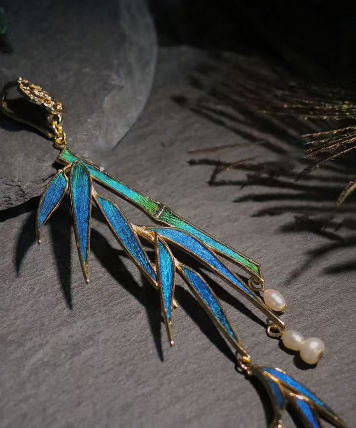 Blue Sterling Silver Overgild Bamboo Leaf Pearl Tassel Brooch