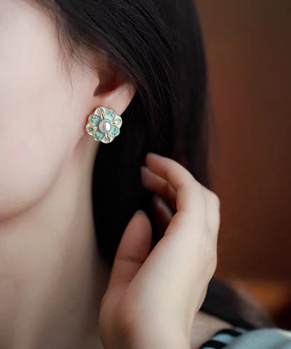 Blue Copper Pearl Stud Earrings