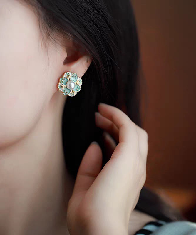Blue Copper Pearl Stud Earrings