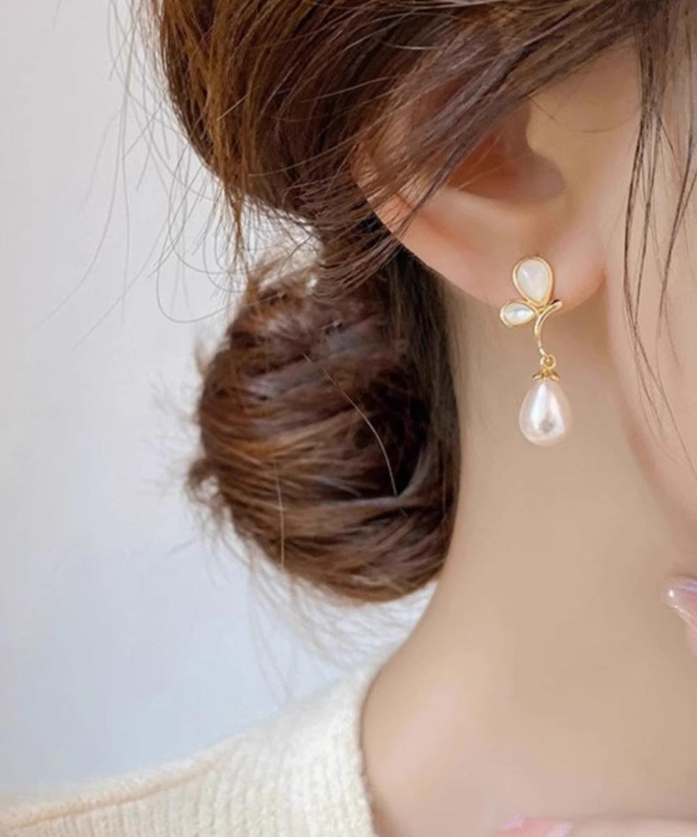 Champagne Color Sterling Silver Alloy Butterfly Pearl Drop Earrings