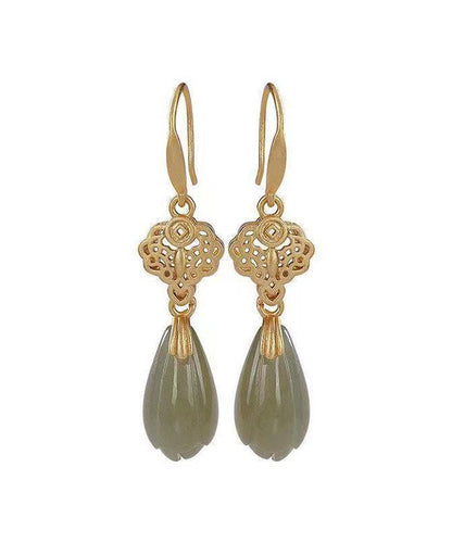 Retro Green Sterling Silver Overgild Jade Orchid Drop Earrings