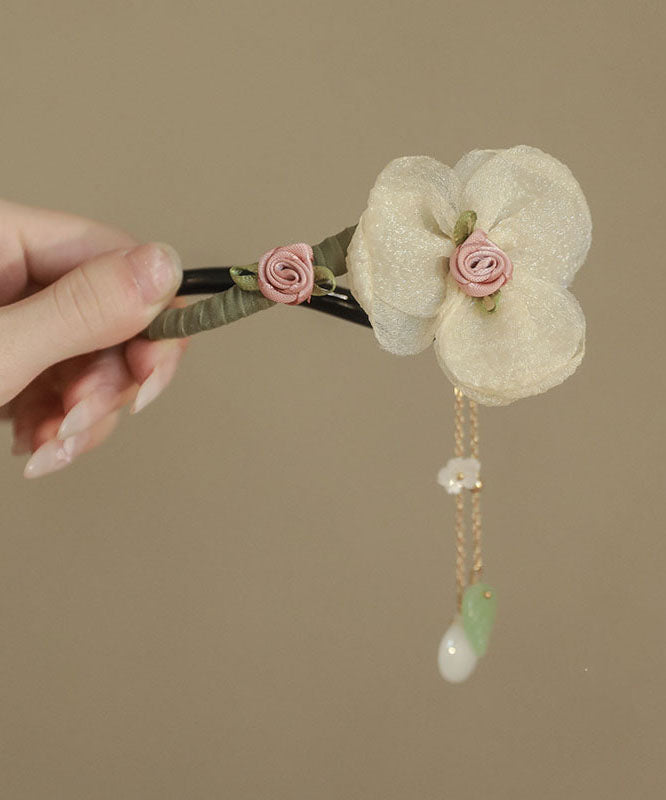 Original Design Apricot Fabric Tulle Pearl Tassel Hairpin