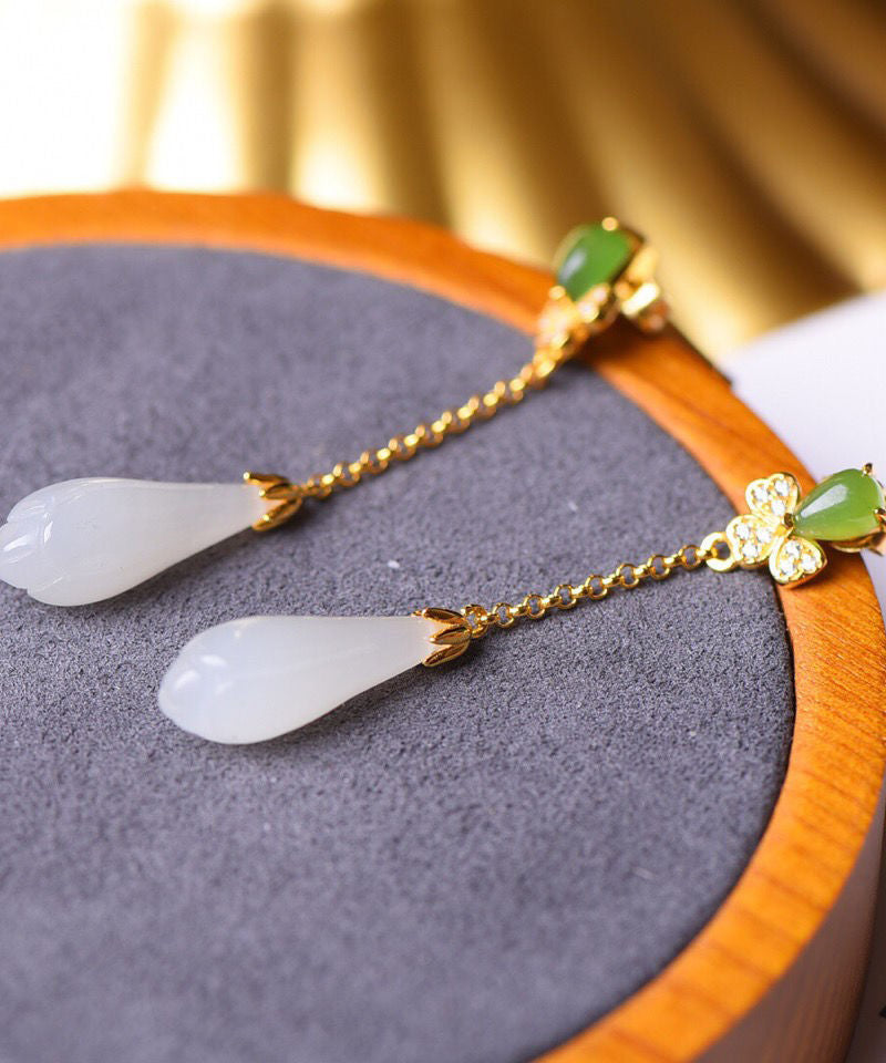 Diy Green Sterling Silver Inlaid Jade Zircon Tassel Drop Earrings