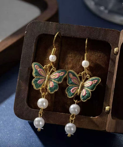 Retro Gold Sterling Silver Overgild Butterfly Enamel Tassel Drop Earrings