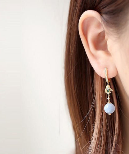 Boutique Gold Sterling Silver Overgild Inlaid Zircon Jade Crystaldrop Earrings