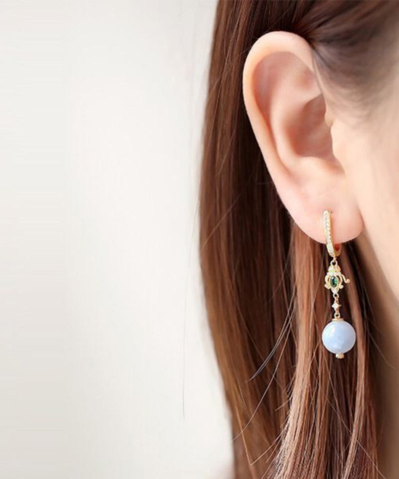 Boutique Gold Sterling Silver Overgild Inlaid Zircon Jade Crystaldrop Earrings