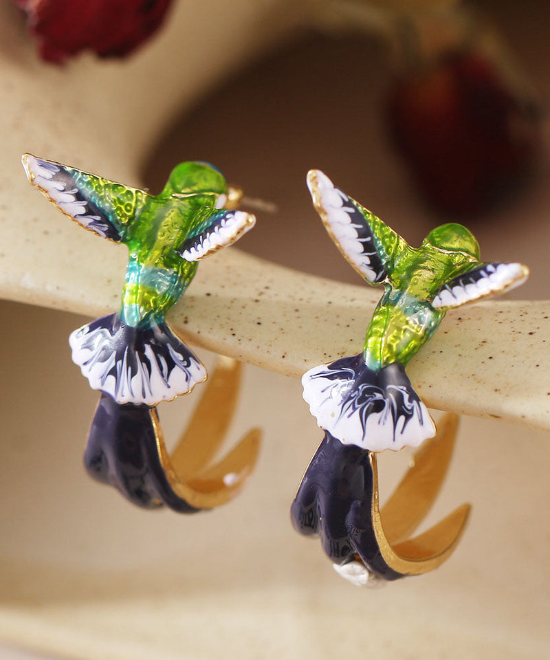 Stylish Green Bird Metal Hoop Earrings