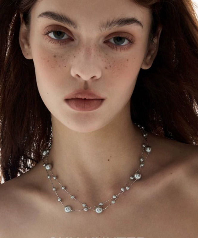 Grey Copper Overgild Pearl Babysbreath Gratuated Bead Necklace