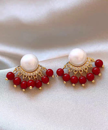 Original Design Colorblock Alloy Zircon Pearl Tassel Stud Earrings