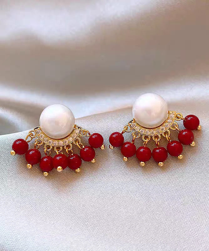 Original Design Colorblock Alloy Zircon Pearl Tassel Stud Earrings