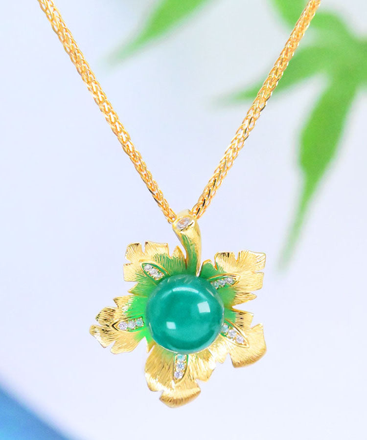 Retro Green Sterling Silver Inlaid Jade Pendant Necklace