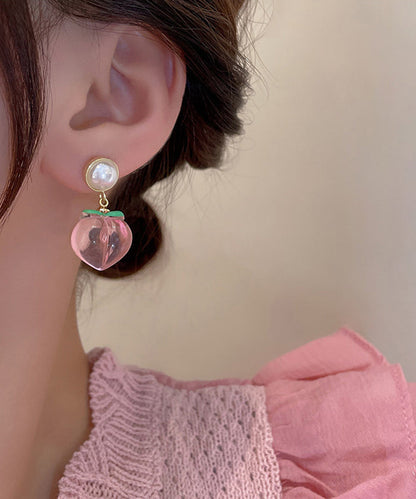 Red Alloy Acrylic Pearl Peach Drop Earrings