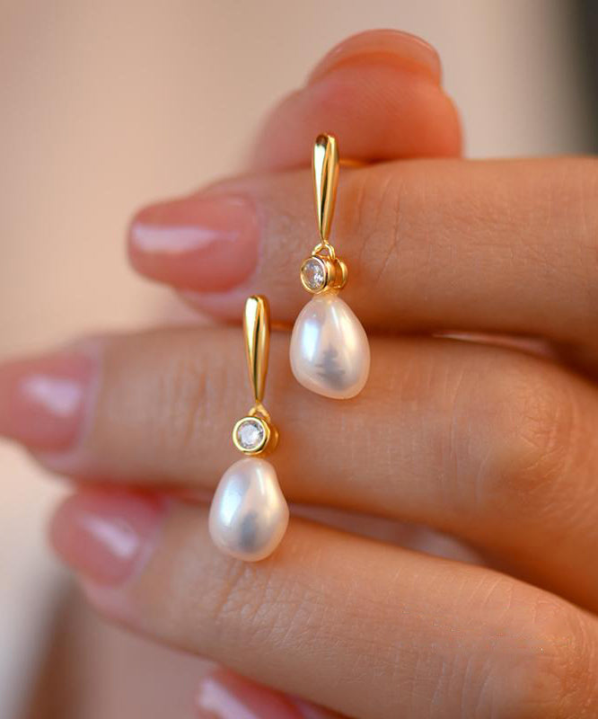 Light Luxurysmall Stone Pearl Zircon 14k Gold Stud Earrings