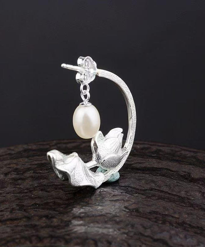 Blue Sterling Silver Cloisonne Inlaid Pearl Lotus Hoop Earrings
