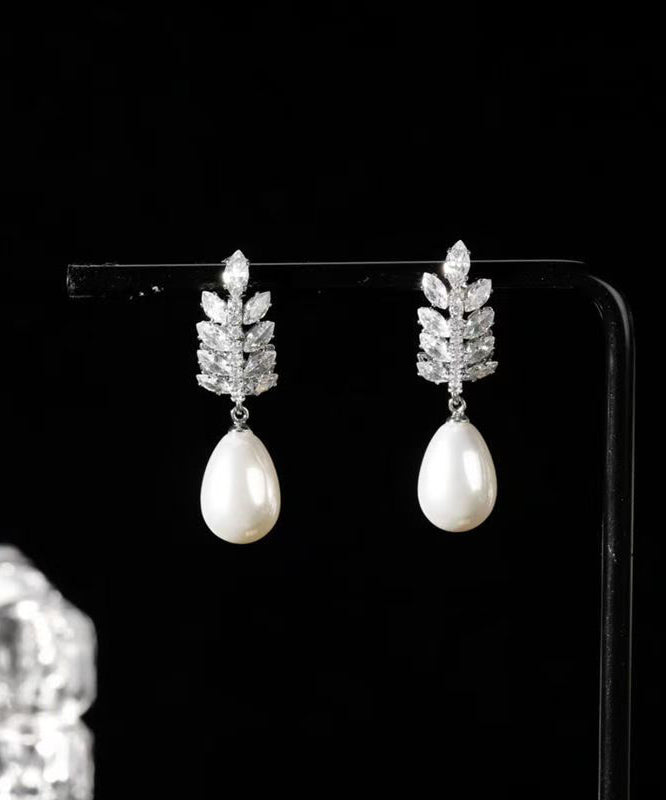 Exquisite Silver Needle Zircon Pearl Water Droplet Earrings